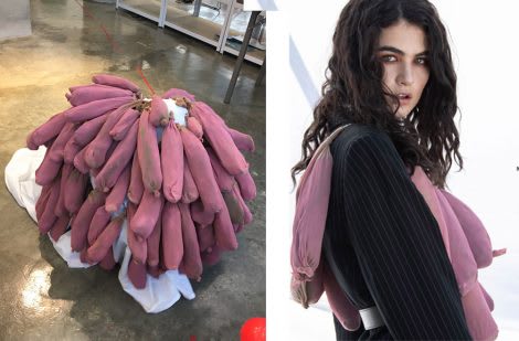 A model wearing a dress made of pink stuffed tights.