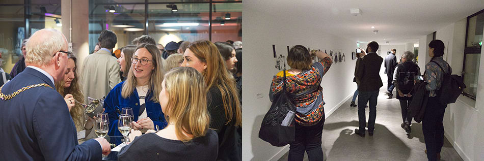 Left: The Mayor of Southwark talking to 4 women, Right: People walking in a gallery, looking at work on the walls.