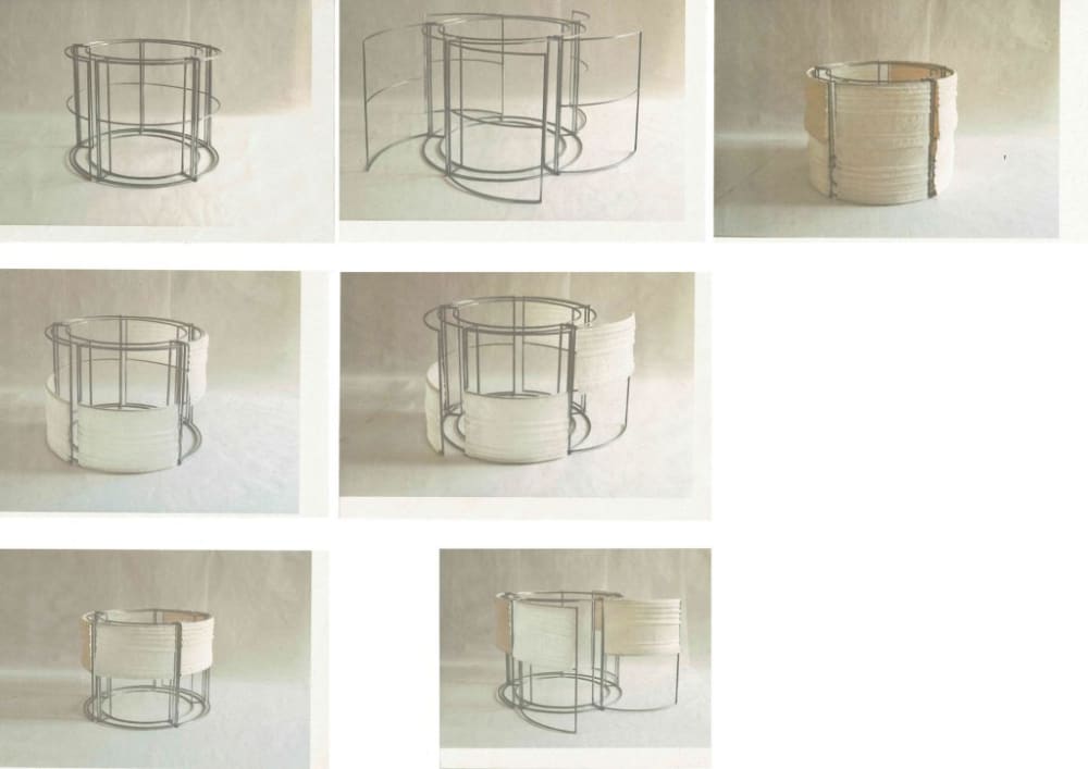 7 images of a chair sculpture made of metal and fabric.