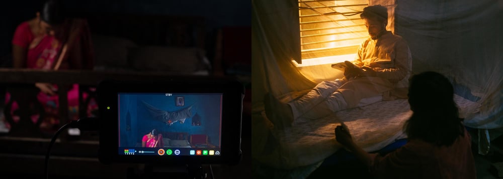 Left, an image of a woman through a video camera. Right, a man sitting on a bed.