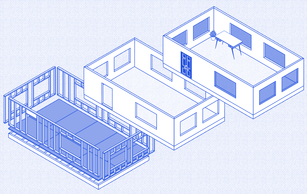 Illustration of building blueprints in various stages of completion