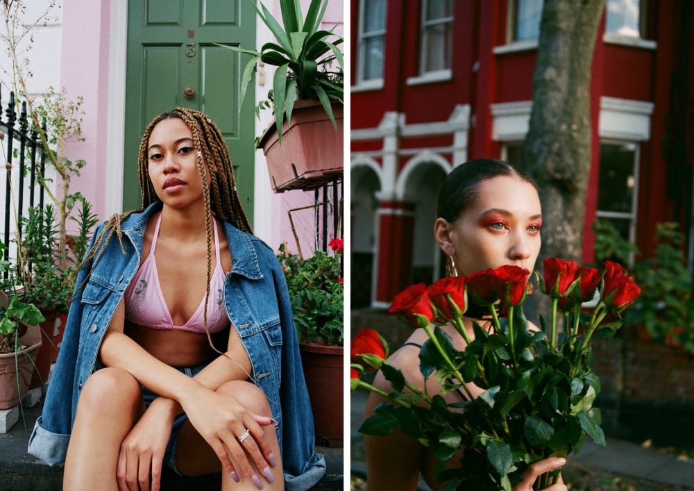 two fashion lookbook images shot on the street