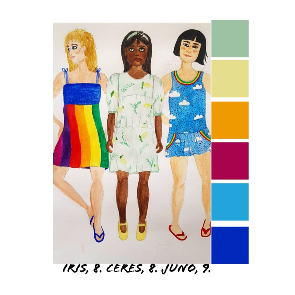 Design for 3 characters from the Tempest – Iris, Ceres and Juno. Iris, is a white skinned, blonde female, wearing a rainbow-coloured dress and blue flipflops. Ceres, is a black skinned female, wearing a white dress with a lemon patterned design and yellow shoes. Juno, is a white skinned, black-haired female, wearing a blue dress with a cloud/sky design and red flip flops. 
