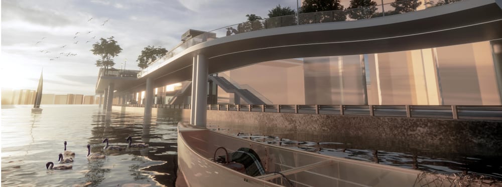 A boat in front of a sleek glass and steel structure