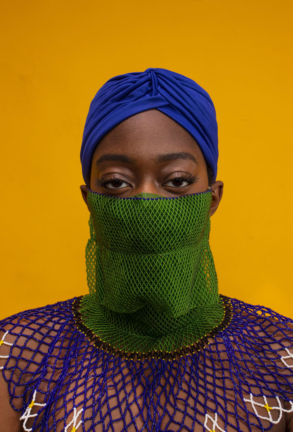 Model wearing facial accessory