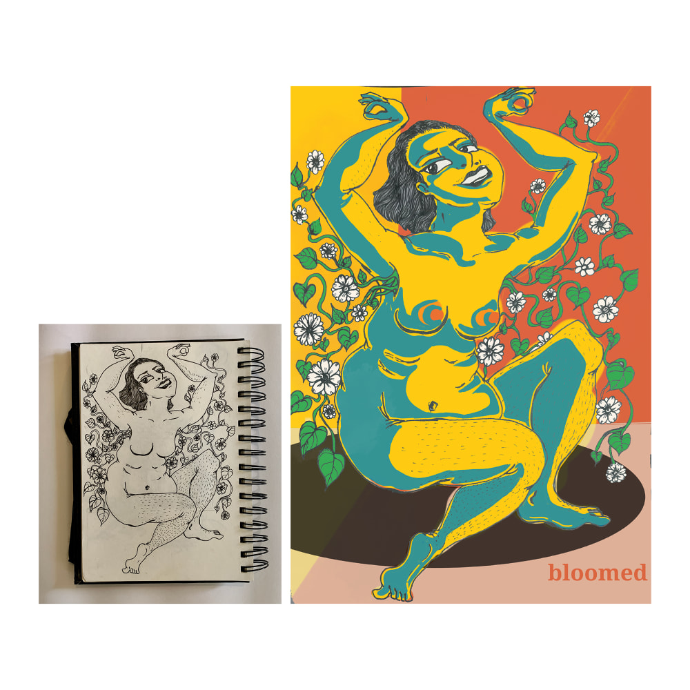 Two images side by side. One of a line drawing sketch of a nude female surrounded by flowers in notebook. The other image is the same image but digitally edited, with added colour of red, yellow, and blue.