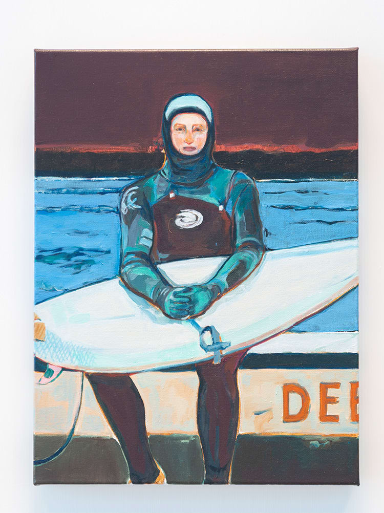 Oil painting of a person sat wearing a full body wetsuit, holding a surfboard.