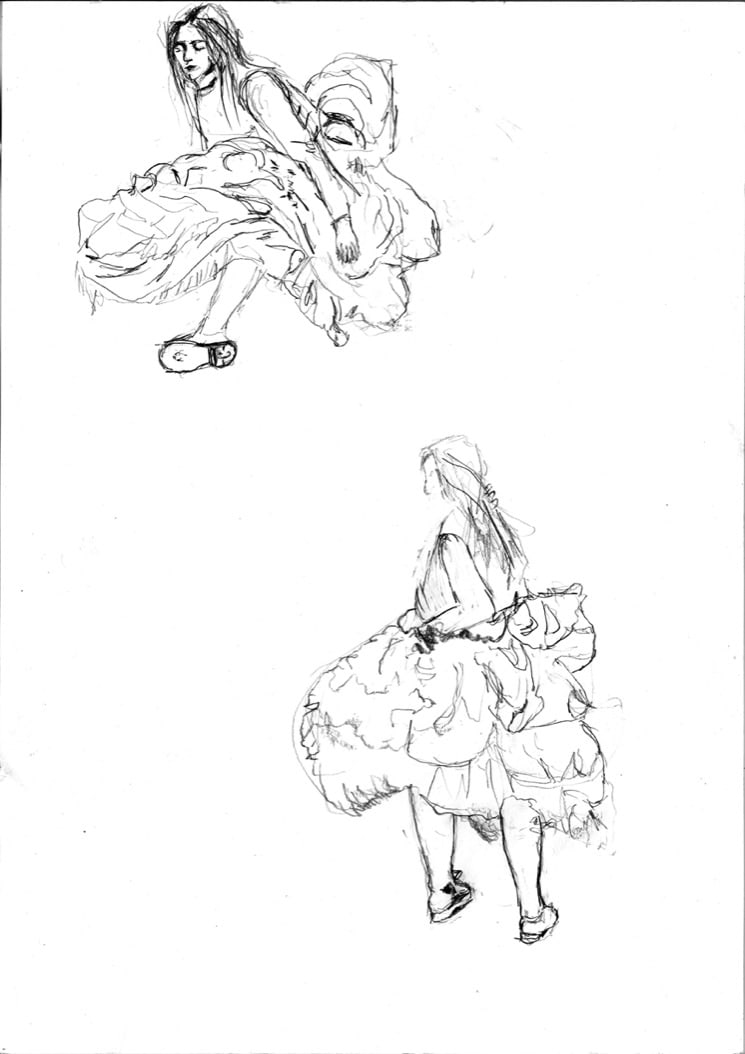 two illustrations of women in black and white