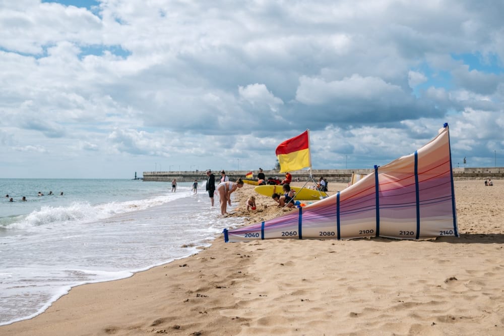 people on a beach with flags