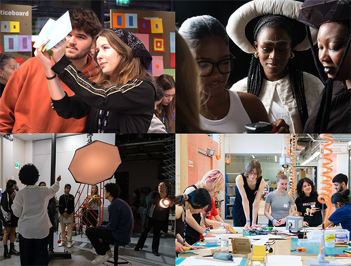 4 group shots of students at work in the studio, behind the scenes at a different photoshoots and making models from jesmonite.
