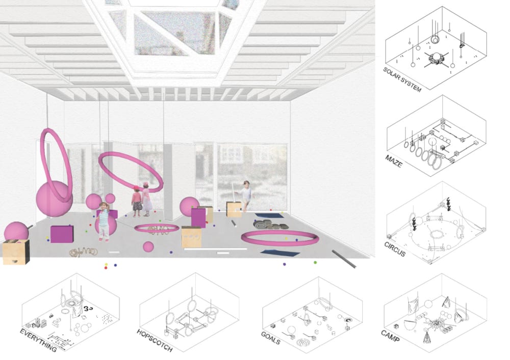 Architectural render of the play space featuring large pink objects.