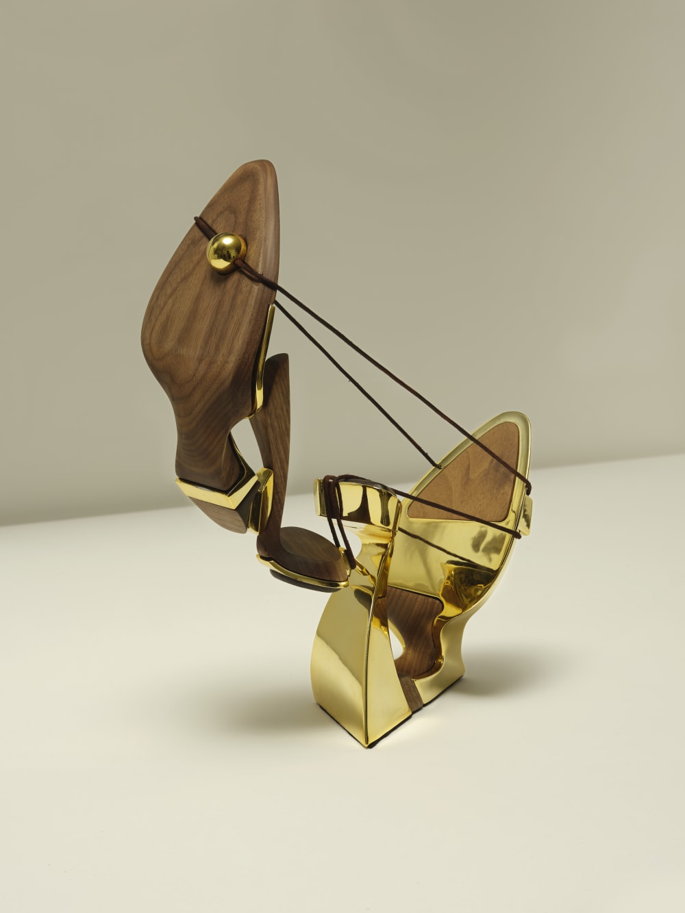 Two shoe-like shapes in a tensegrity shape, supported by string