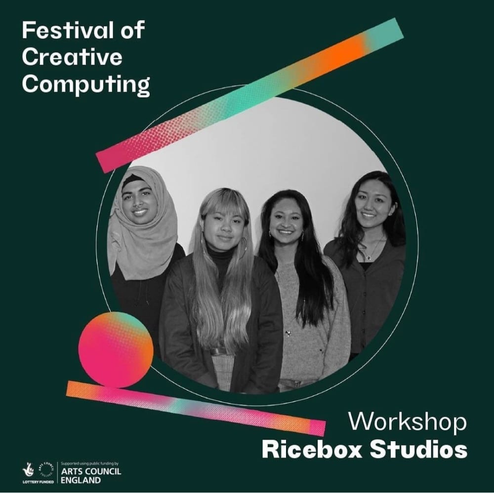A black and white picture of four women from Ricebox Studio, smiling at the camera. The border is green and says 'Festival of Creative Computing' on it.