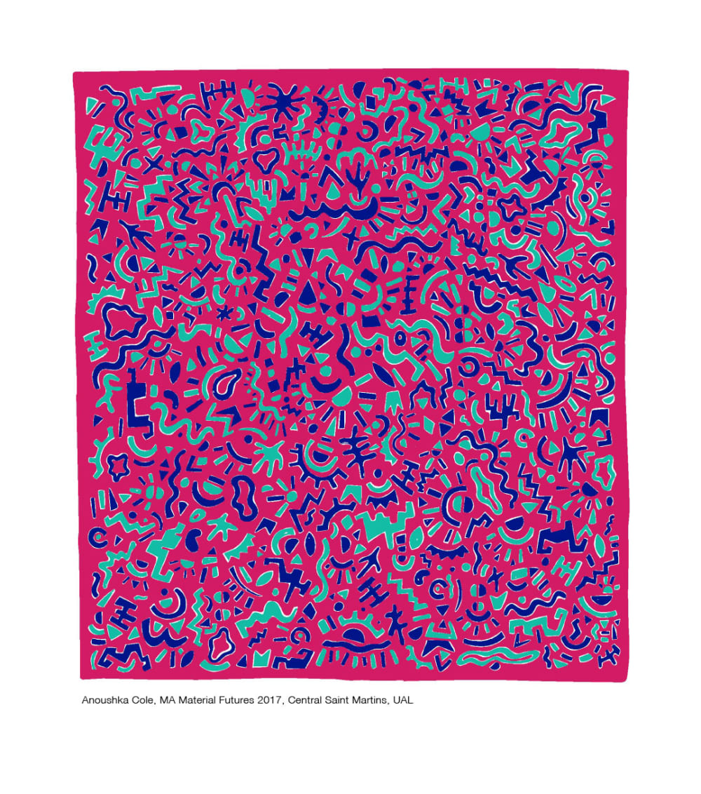 Pink square with different shapes in green and blue