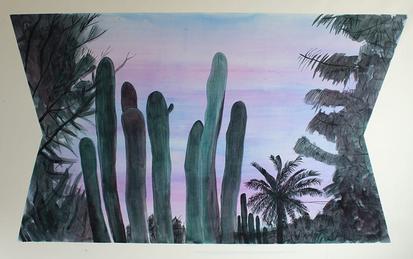 Painting of trees and cacti in blues, greens and purples