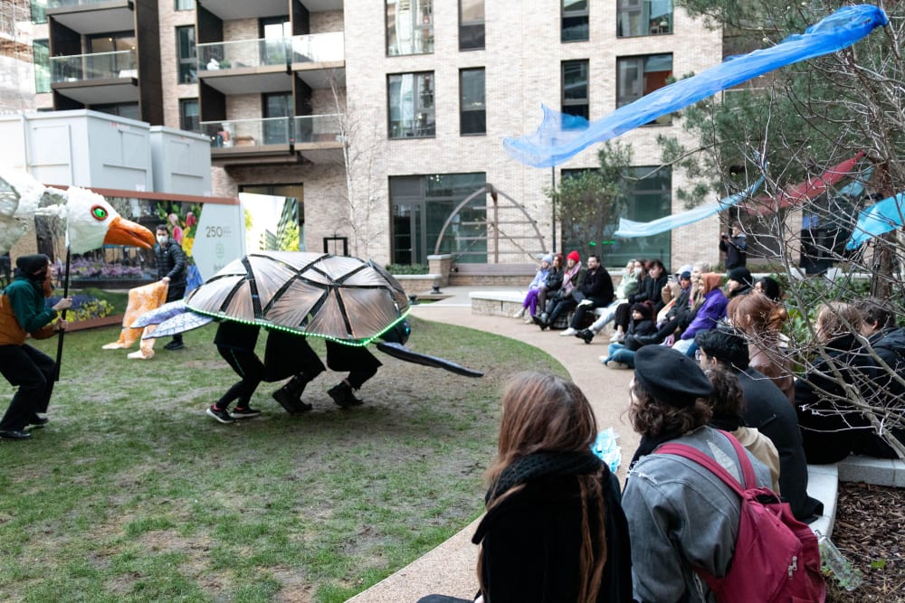 An audience sits in a semi-circle in an outdoor setting. they are watching a performance with large puppets of a seagull and a turtle. There are colourful streamers in the trees behind them.