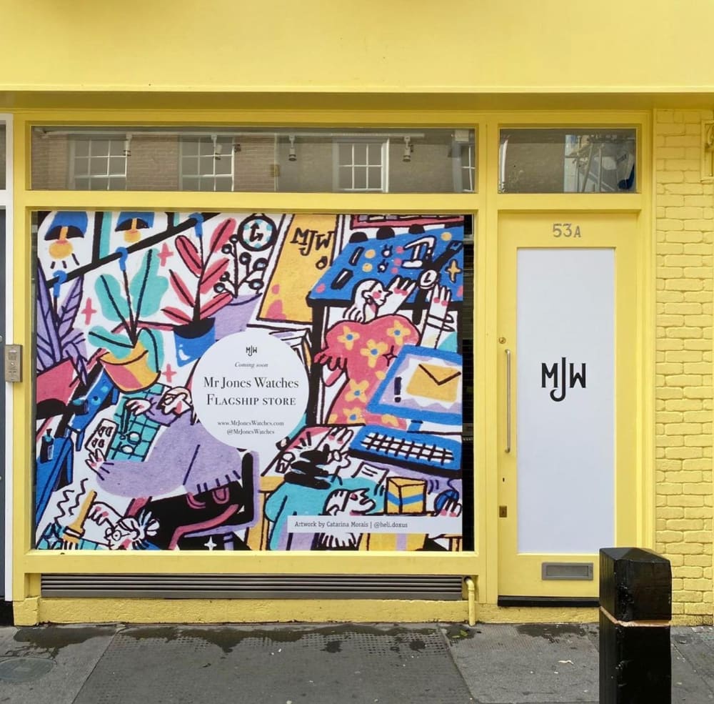 Temporary window display for Mr Jones Watches flagship store by Catarina Morais