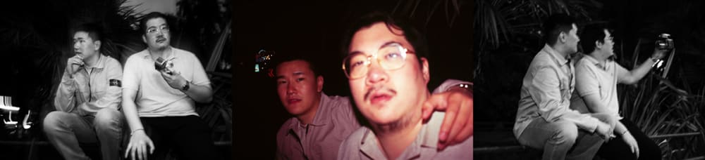 Three images of two people taking a selfie using a small camera.