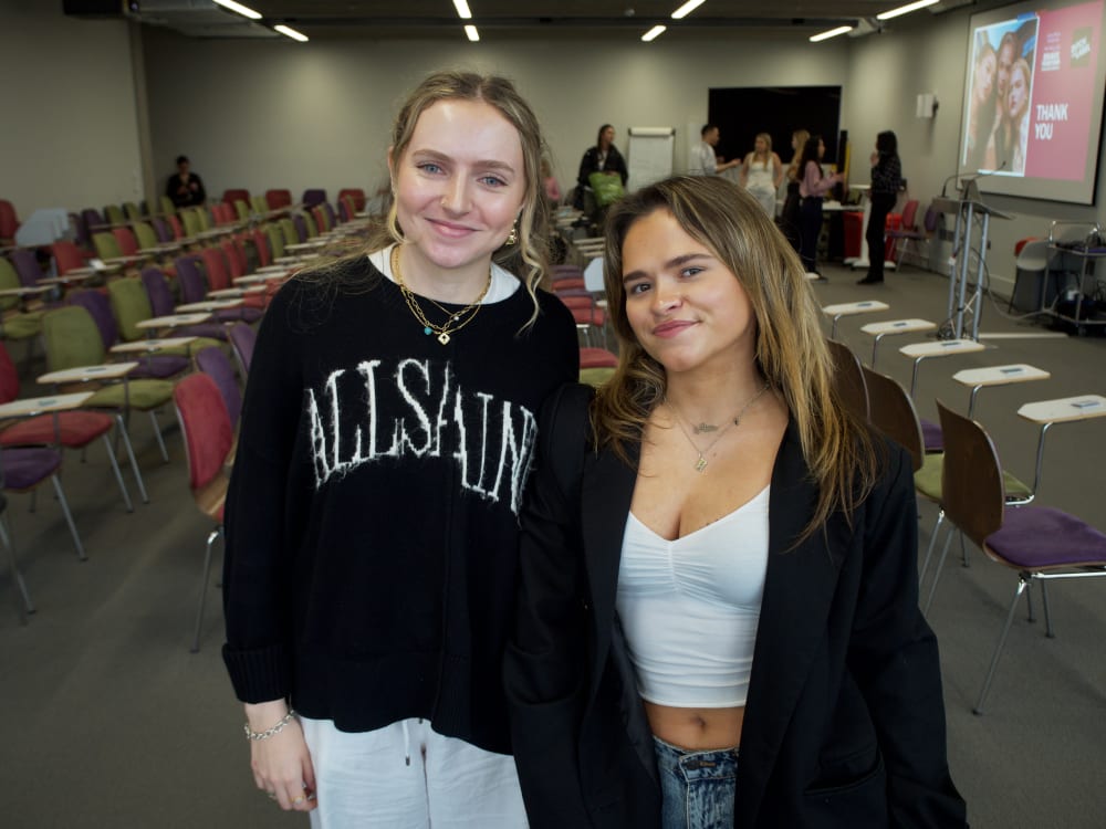 LCF x Maybelline Brave Talk, event attendees; BA Critical Practice in Fashion Media students Issy McElroy (left) and Hannah Row (right). Photography by Una Lote Andzane