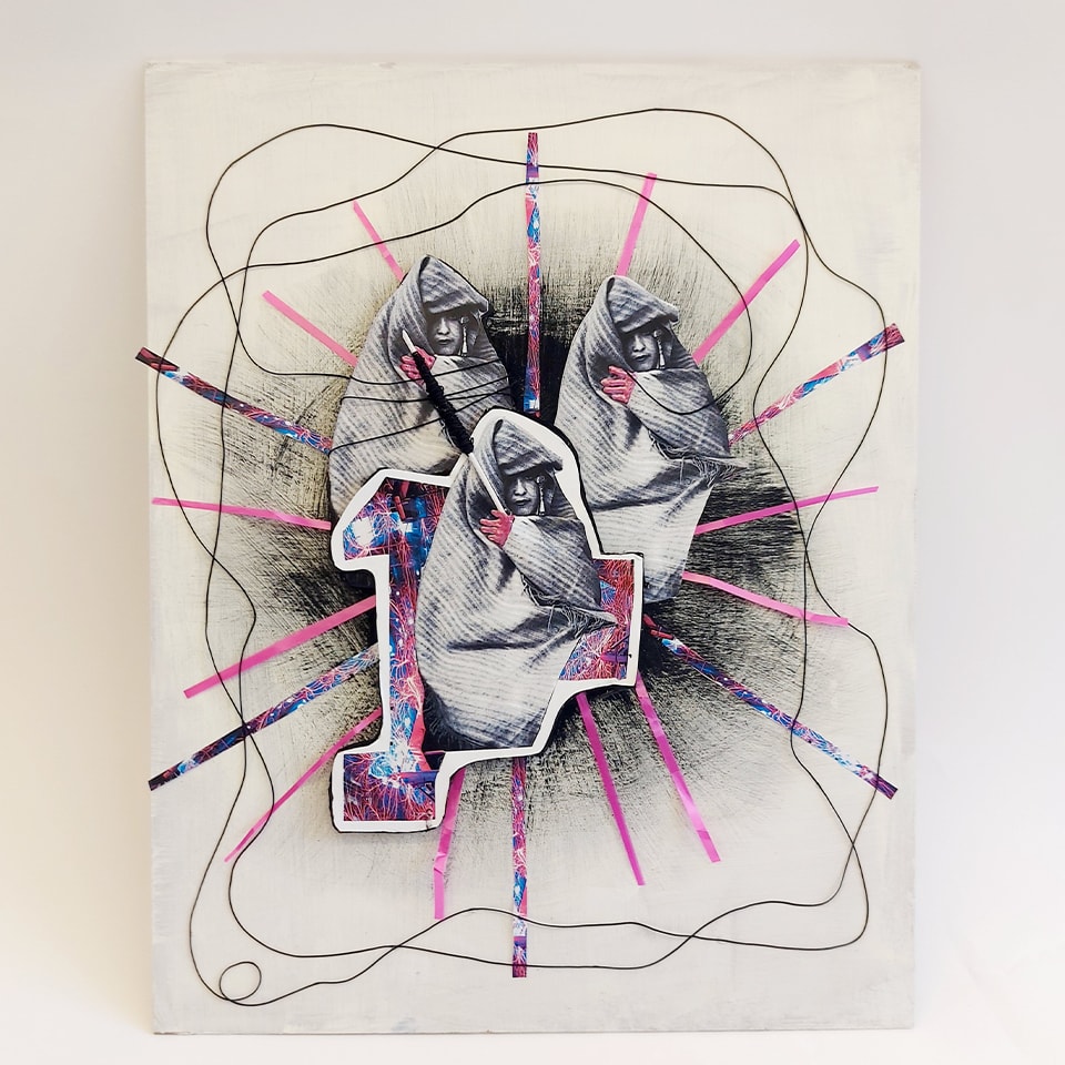 A collage of three figures wrapped in a blanket surrounded by string and strips of paper.