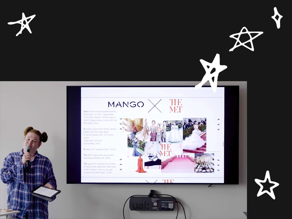 MA Fashion Marketing and Global Cultures student Matej Boch, presents at the Mango pitch. Still taken from a video by Orlando Collegaro.