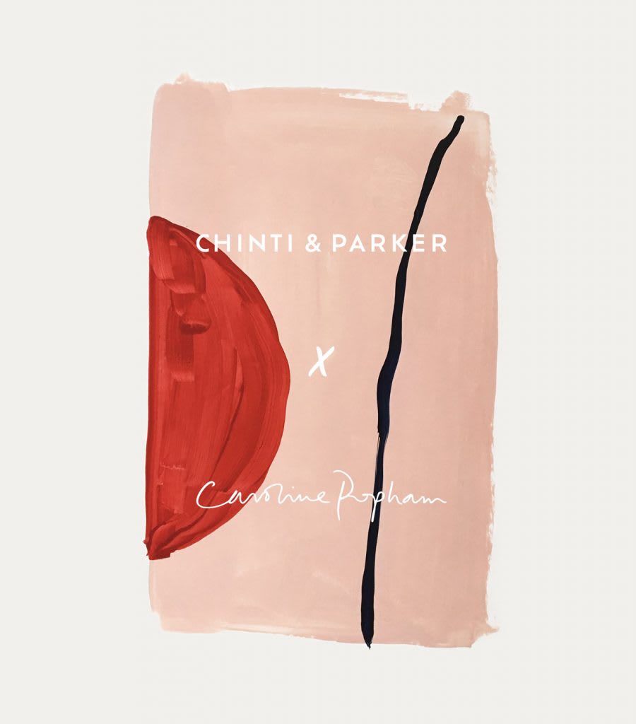 An abstract pink painting, with a red semi-circle and a black line going through it.