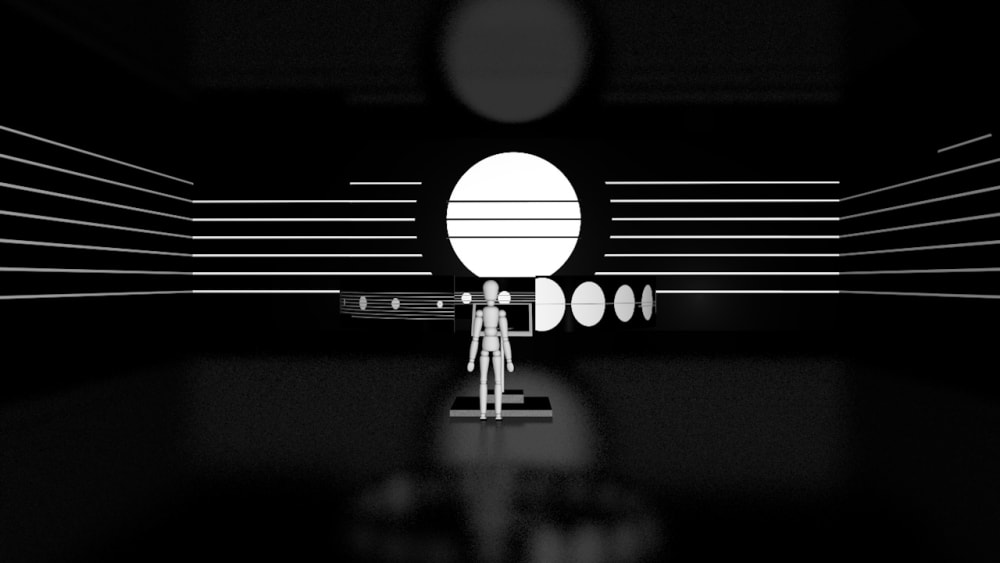 Monochrome design of a space with circles, lines and a wooden doll