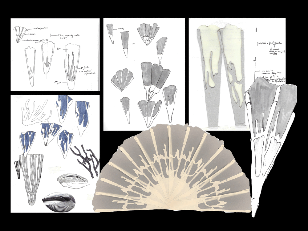 Scans from a sketch book showing research drawings and fan protoypes