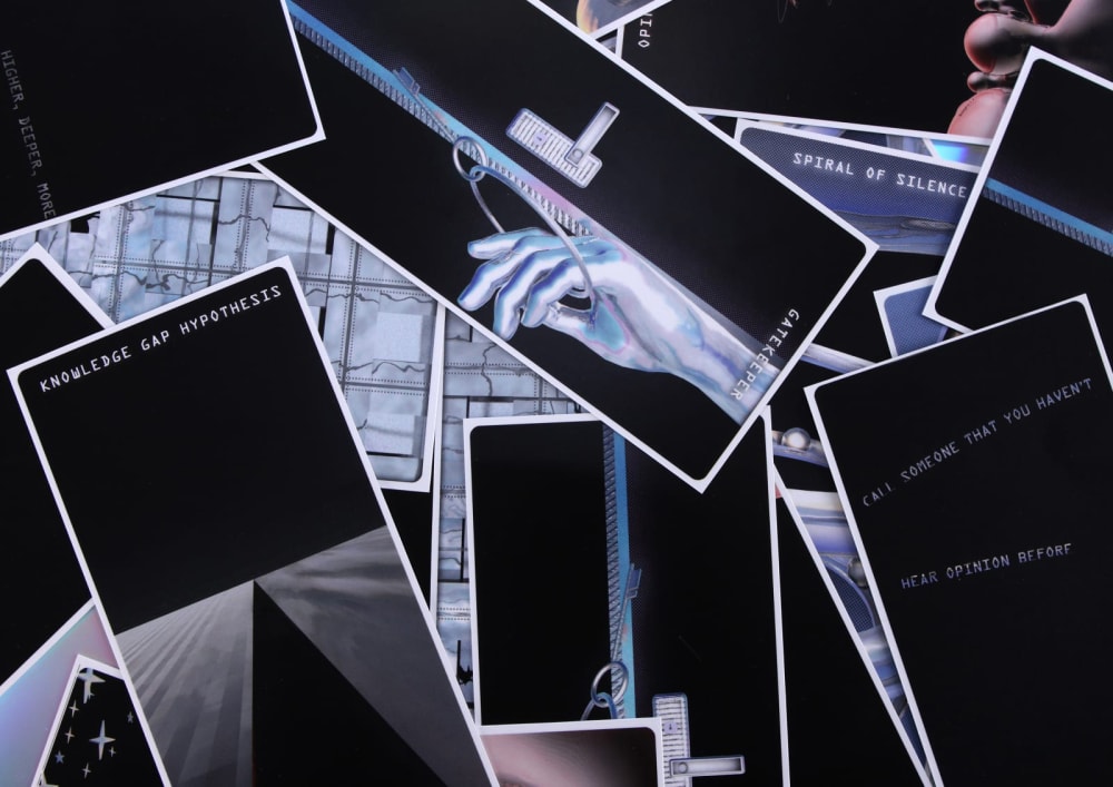 An arrangement of holographic flash cards.