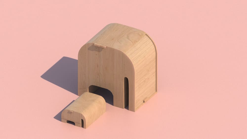 A digital design of Bumbo, and her son. The design is placed on a pale pink background and Bumbo and her son stand centre. They are made of a light brown wood.  