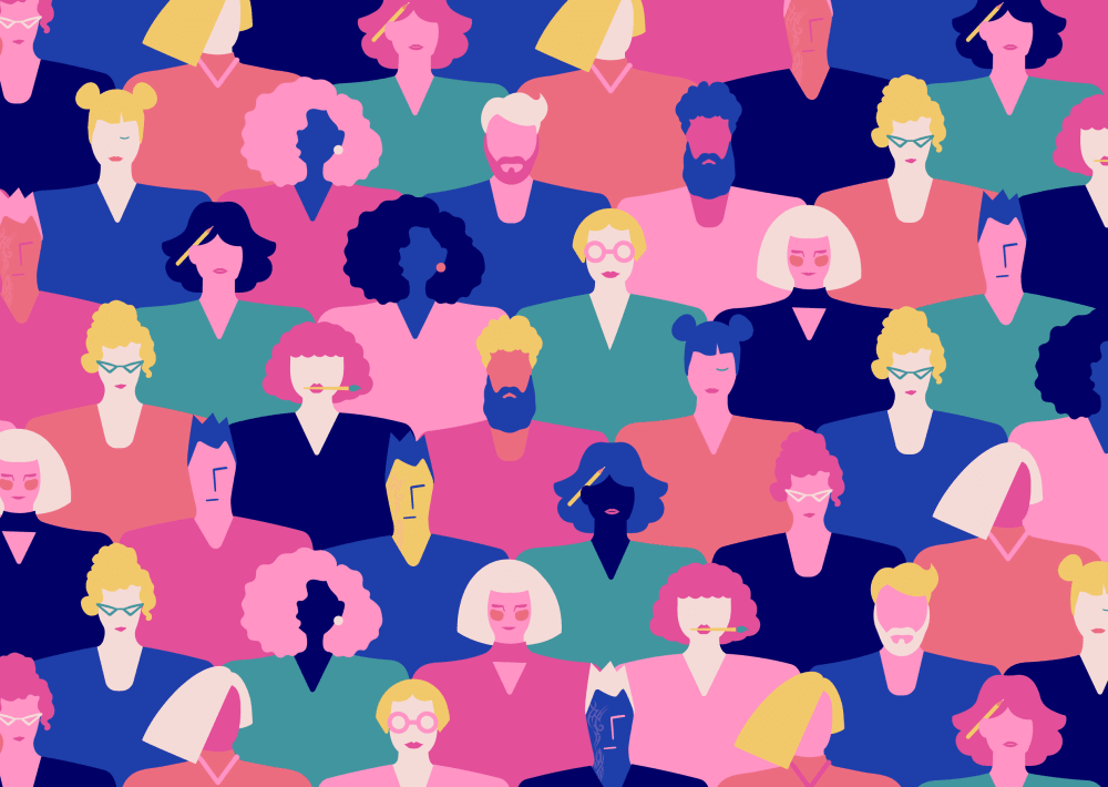 Graphic image of different people in lots of different bold colours
