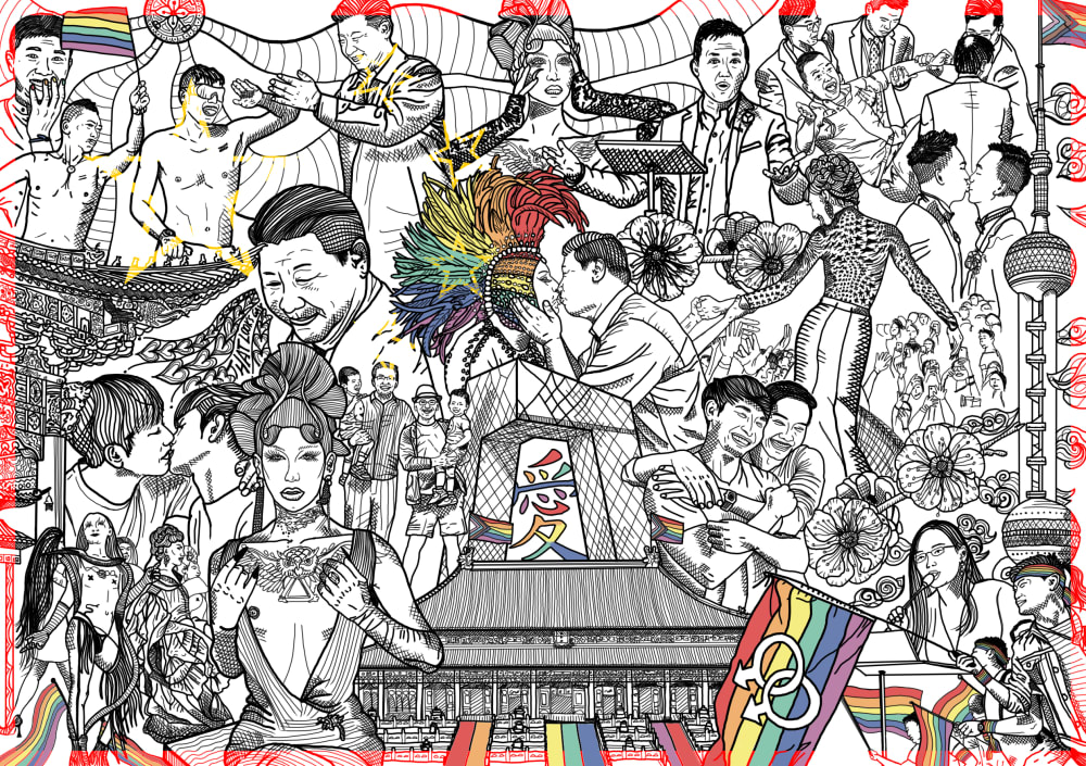 A complex hand drawn mural depicting anti-gay politicians in LGBTQ+ settings and poses.