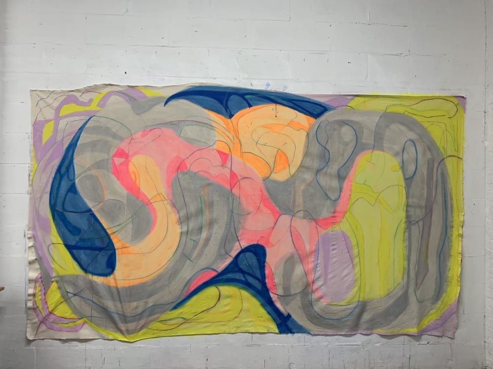 Large unstretched canvas with an abstract, swirly painting