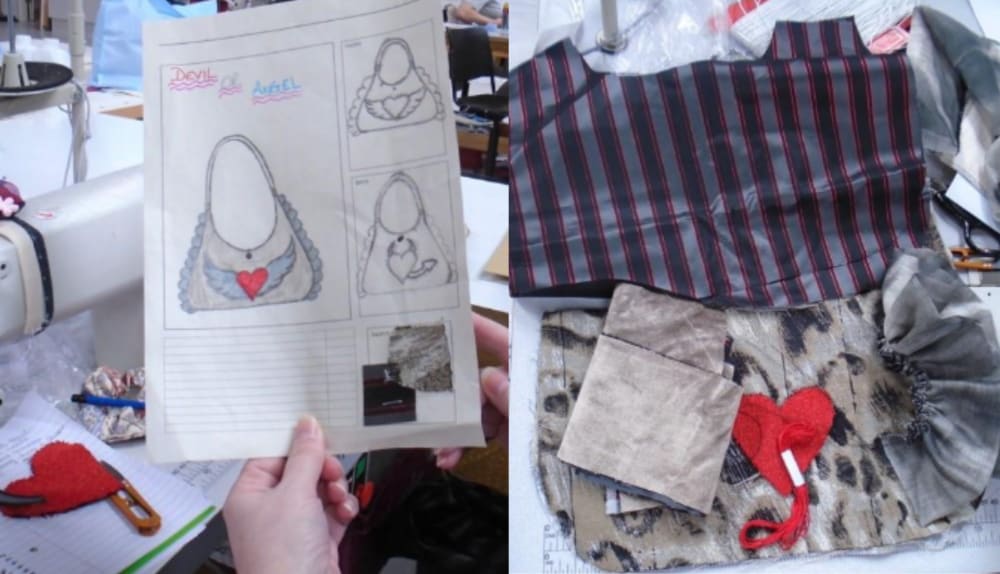 Drawings of handbags and materials being cut to make the handbag.