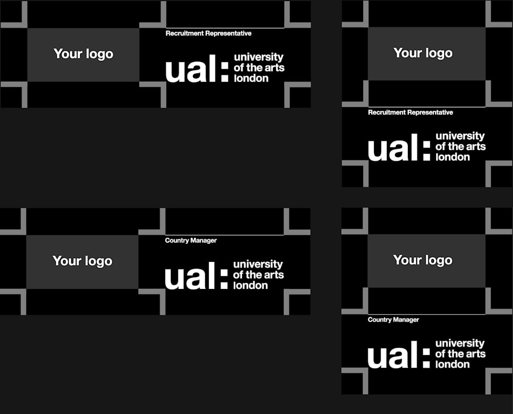 Black banner and vertical layout design showing how to use University of the Arts London trademarks, featuring “Recruitment Representative” text, bold white logo typography, grey corner guide lines and placeholder logo frames.