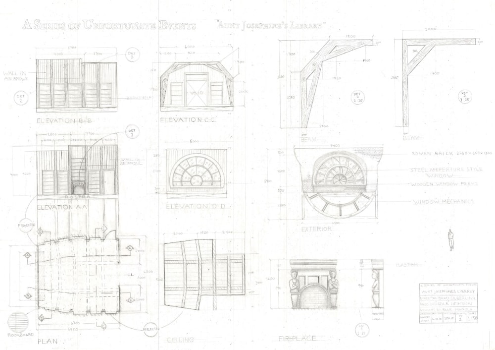 A technical drawing for the film ‘A Series of Unfortunate Events’