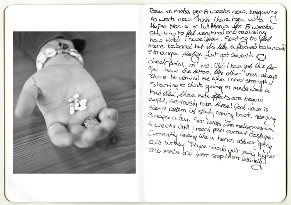 open palm holding pills next to handwritten text