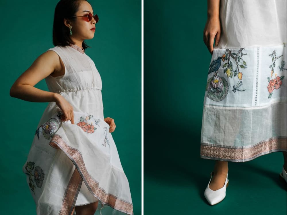 two images from a fashion look book of a person modelling a white dress with flower embroidery
