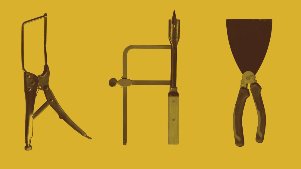 Three hybrid tool collages on a gold background.