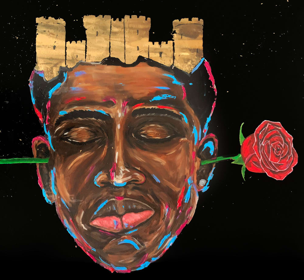 A painting of a face. A black male is shown, with his eyes closed, he has crown and a rose going in one ear and out of the other 