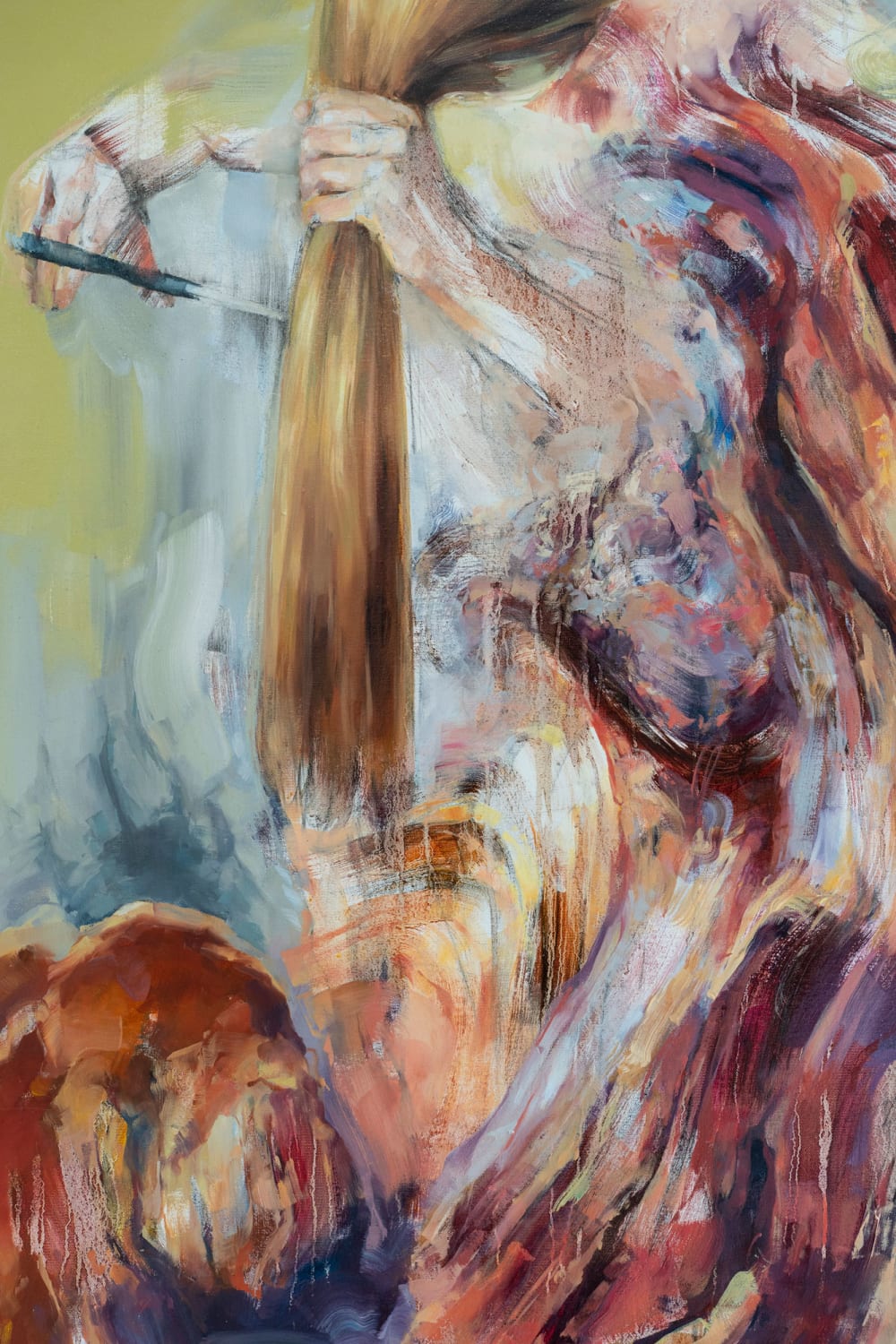 A painting in almost impressionist style showing a woman taking scissors to a handful of very long hair.