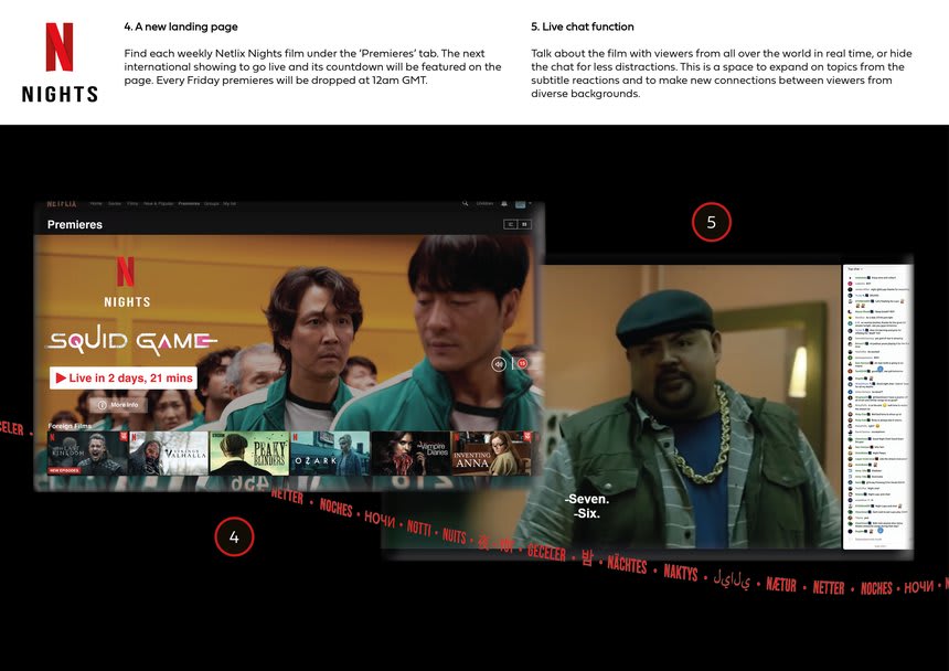 A digital mock-up of Tara’s NETFLIX Nights. At the top, two subheadings which say ‘A new landing page’ and ‘Live chat function’ are each followed by a large paragraph of text. Underneath an image of a line of people are lined up and wearing green jackets, the man at the front of the link, looks over his shoulder to the man behind. Overlayed is the text which says, ‘Squid Game Live in 2 days, 21 mins’ There is another image with a man in flat cap, wearing a large gold chain around his neck and a body warmer. There is a large chat function running down the side of the image.