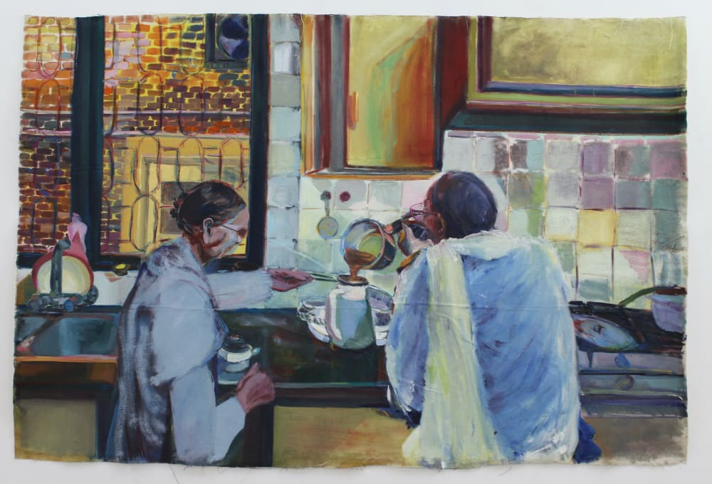 Painting of two people in a kitchen
