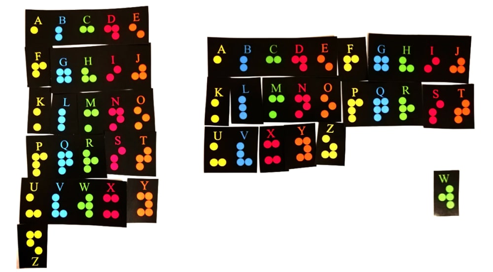 A series of brightly coloured braille characters.