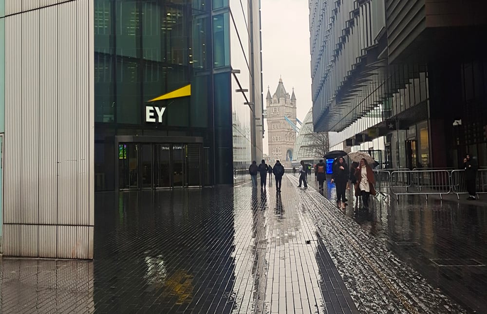 Image of a building in the rain.