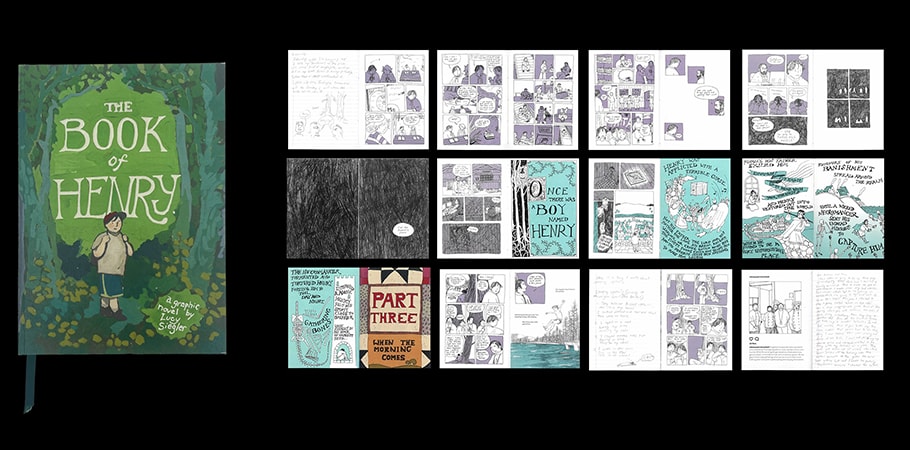 The cover of a book and the spreads inside next to it placed on a black background.