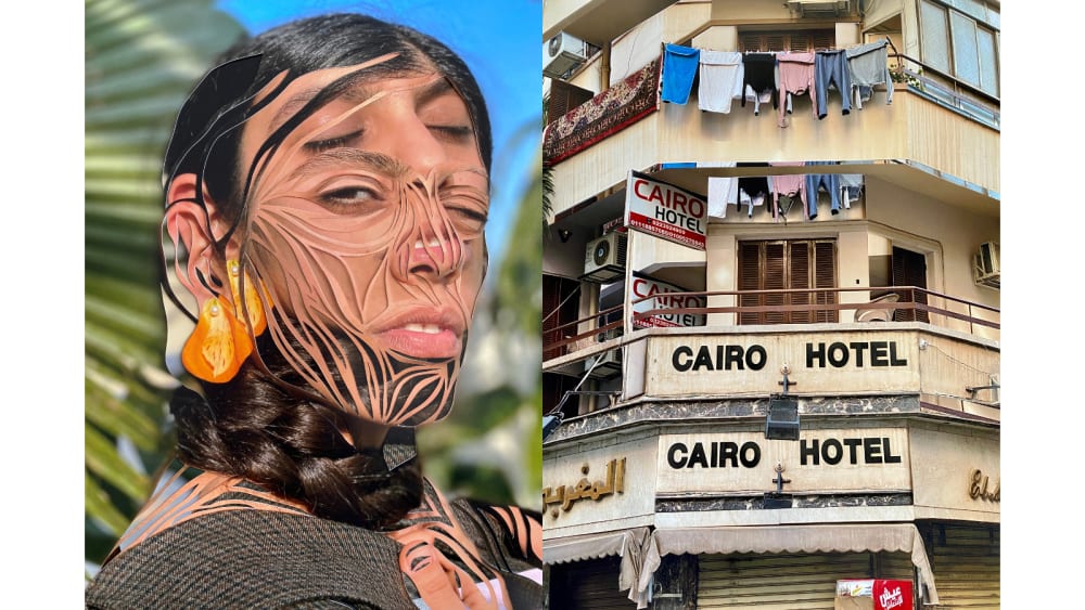 2 photos next to each other; on the left is a collage of a photo of a woman, layered with cut outs. No the right is a photo of a collage od outside of a building called 'Cairo Hotel' 