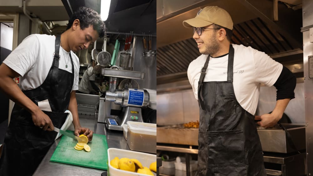 Collage of 2 images, (left) chef slicing lemons wearing Ben Apron, (right) chef wearing Ben Apron in kitchen