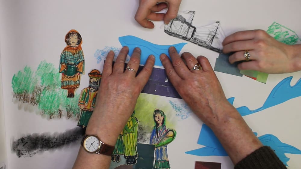 2 pairs of hands laying down colour illustrations on a white background