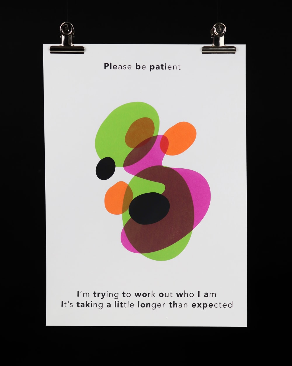 A zine with text that reads 'Please be patient. I am trying to work out who I am and it's taking longer than expected.'